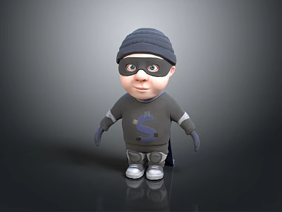 3D Cartoon Character Wearing Gray Beanie Mask Gray Outfit Dollar Sign Cape And White Shoes 3d model
