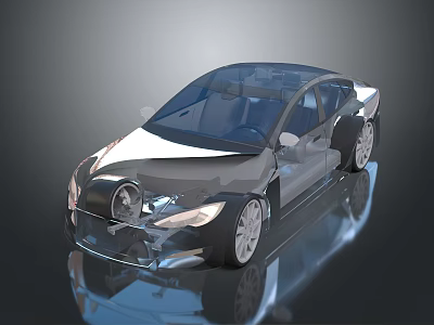Futuristic 3D Car Model Featuring Transparent Design Sleek Lines Silver Rims And Reflective Surface 3d model