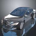 Futuristic 3D Car Model Featuring Transparent Design Sleek Lines Silver Rims And Reflective Surface
