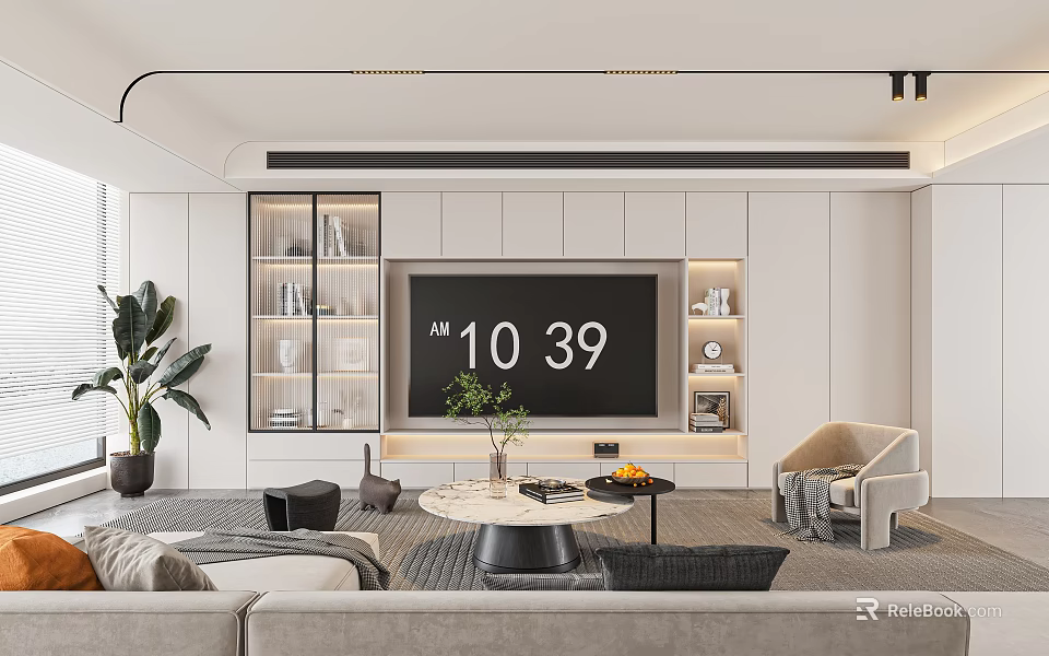 Modern Living Room Interior With TV Wall Shelves Sofa Coffee Table And Green Plant 3d model 
