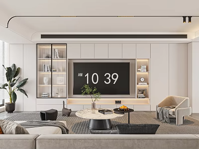 Modern Living Room Interior With TV Wall Shelves Sofa Coffee Table And Green Plant 3d model