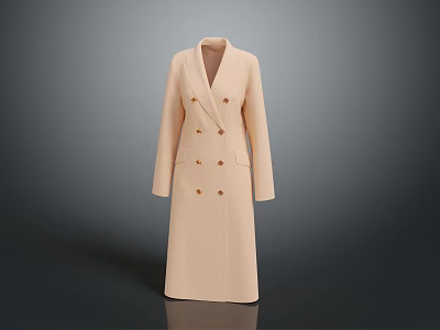 Beige Long Woolen Coat With Double Breasted Design And Lapel Collar 3d model