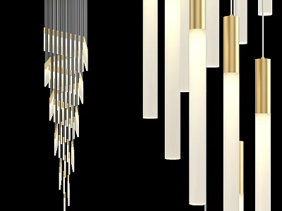Modern Pendant Lights With Long Cylindrical White Shades And Gold Accents Hanging Design 3d model