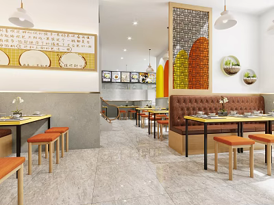 Bright Restaurant Interior Featuring Wooden Tables Orange Stools Booth Seating And Colorful Wall Art 3d model