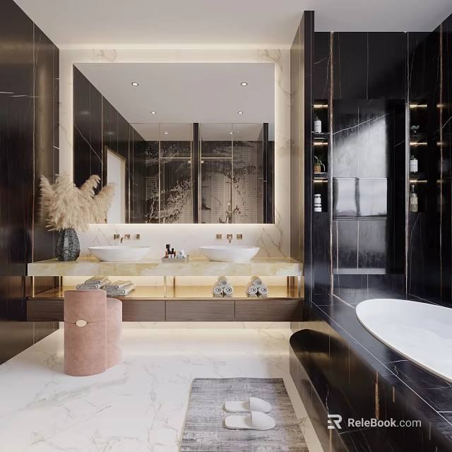 Modern Luxury Bathroom Interior With Double Vanity Marble Countertop Large Mirror And Tub 3d model 