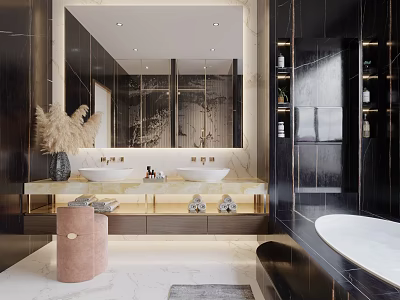 Modern Luxury Bathroom Interior With Double Vanity Marble Countertop Large Mirror And Tub 3d model