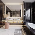 Modern Luxury Bathroom Interior With Double Vanity Marble Countertop Large Mirror And Tub