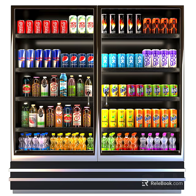 Double Door Refrigerator Freezer Stocked with Various Colorful Beverages and Drinks 3d model 