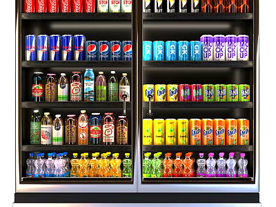 Double Door Refrigerator Freezer Stocked with Various Colorful Beverages and Drinks 3d model