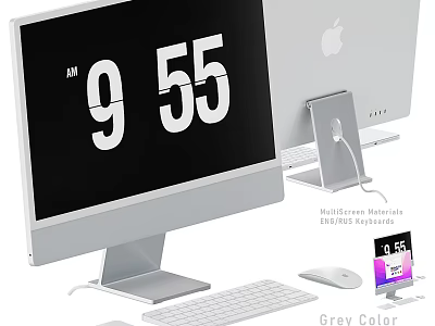 Grey Color iMac Desktop With MultiScreen Monitors Stand Keyboard And Mouse 3d model