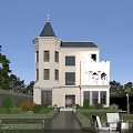 Elegant Detached Villa With Tower Steeple Arched Windows Garden And Outdoor Seating