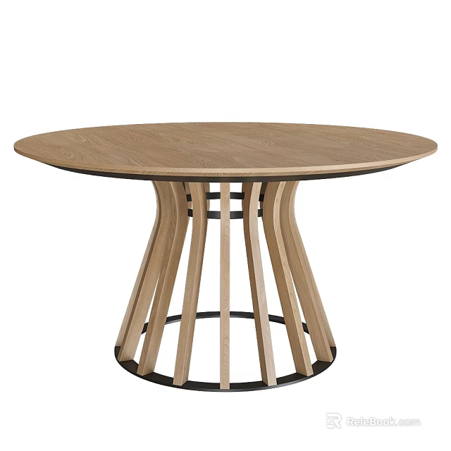Round Oak Wood Dining Table with Slender Legs and Metal Ring Base 3d model