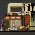 Cartoon Room Scene With Two Story Design Staircase Desk Green Plant Window And Decorations