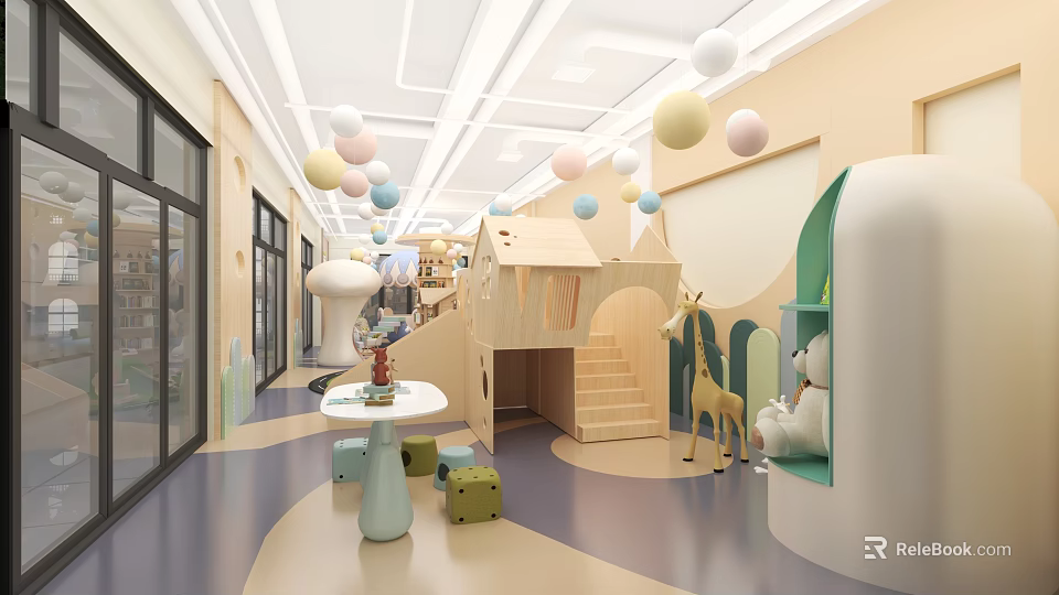 Indoor Playground With Colorful Balloons Wooden Playsets 3d model 
