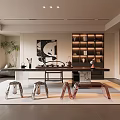 Traditional Tea Room Interior Design With Wooden Table Shelves Tea Sets And Plants