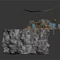 Modern Outdoor Rock Platform With Canvas Awning Metal Tank Wooden Barrels And Hanging Buckets