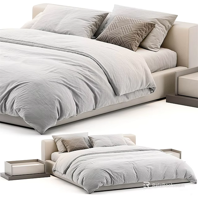 Modern Minimalist Double Bed With Light Gray Bedding Pillows And Nightstands 3d model 