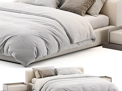 Modern Minimalist Double Bed With Light Gray Bedding Pillows And Nightstands 3d model