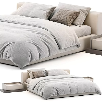 Modern Minimalist Double Bed With Light Gray Bedding Pillows And Nightstands 3d model