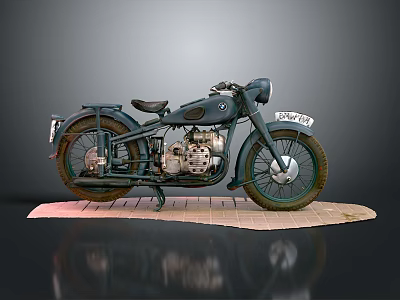 Vintage Classic Motorcycle With Retro Engine Design Old Wheels And License Plate 3d model