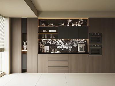 Modern Wooden Sideboard Interior With Patterned Backsplash Built-in Appliances And Lighting 3d model