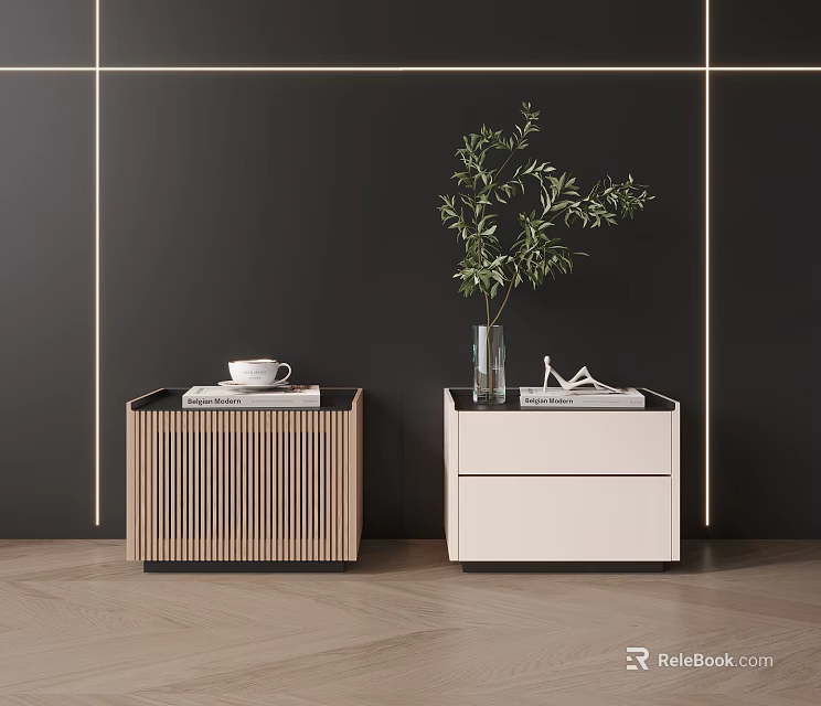 Modern Stylish Nightstands With Wooden Striped White Drawer Coffee Books Green Plant Vase And Decor 3d model 