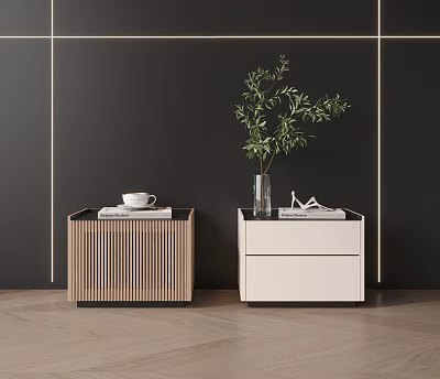 Modern Stylish Nightstands With Wooden Striped White Drawer Coffee Books Green Plant Vase And Decor 3d model