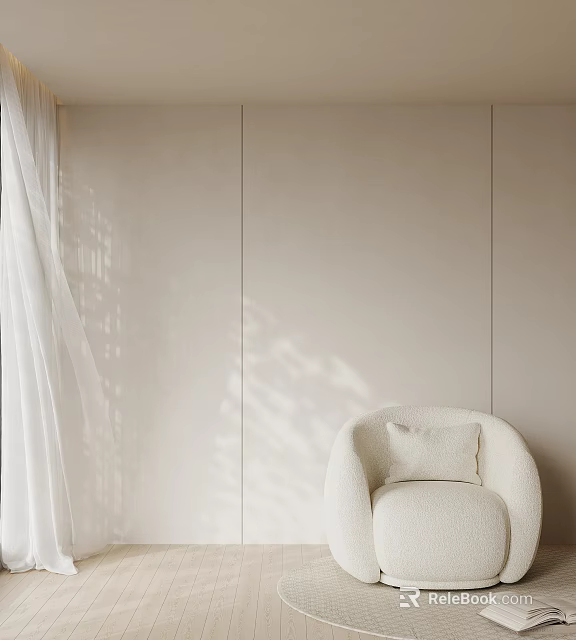 Modern Curved Single Sofa With White Cushion Against Light Colored Walls And White Curtains 3d model 