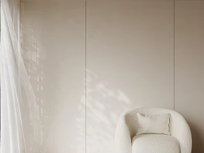 Modern Curved Single Sofa With White Cushion Against Light Colored Walls And White Curtains 3d model