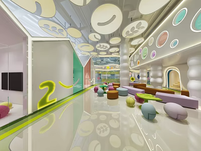 Colorful Kindergarten Interior Design With Round Ceiling Decor Bright Seats And Kids Play Area 3d model
