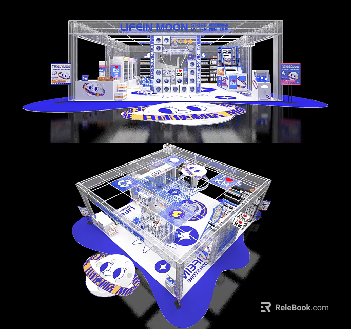 Modern Supermarket Department Store Exhibition Booth With Product Display Shelves And Brand Logos 3d model 