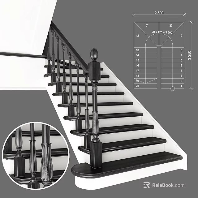 Modern Staircase Design With Black Handrail Balusters And Structural Specification Details 3d model 