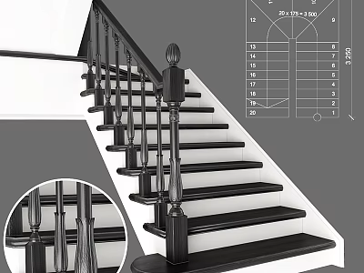Modern Staircase Design With Black Handrail Balusters And Structural Specification Details 3d model