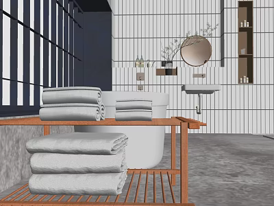 Stacked White Towels On Wooden Shelf In Modern Bathroom Interior With Bathtub Sink 3d model