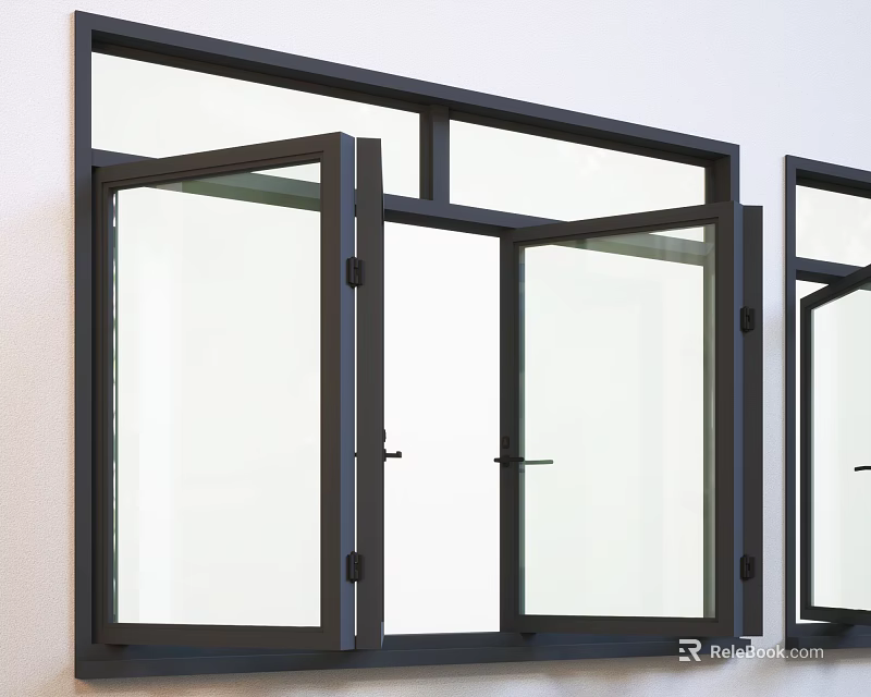 Black Frame Casement Windows With Open Sashes On White Wall Background 3d model 