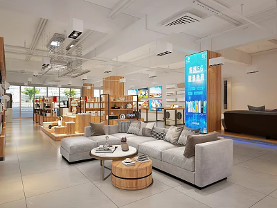 Modern Showroom Interior With Gray L shaped Sofa Wooden Coffee Tables And Display Shelves 3d model