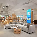 Modern Showroom Interior With Gray L shaped Sofa Wooden Coffee Tables And Display Shelves