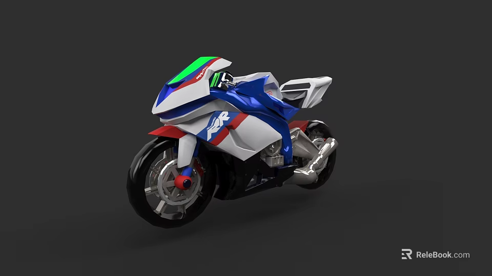 Modern Sports Motorcycle With Blue White Red Color Sleek Body And Transparent Windshield 3d model 