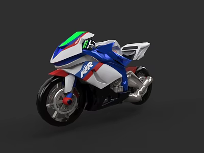 Modern Sports Motorcycle With Blue White Red Color Sleek Body And Transparent Windshield 3d model