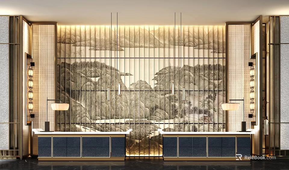 Luxurious Hotel Lobby Design With Landscape Painting Backdrop Reception Desk And Pendant Lights 3d model 