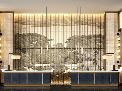 Luxurious Hotel Lobby Design With Landscape Painting Backdrop Reception Desk And Pendant Lights 3d model