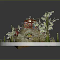 Cartoon Scene With Small Red Cottage Trees Green Lawn Ladder And Decorative Platform Chairs