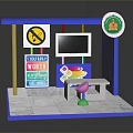 Blue Station With White Tile Floor Bench Information Screen Signboard And Circular Logo