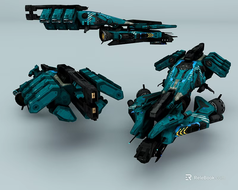 Three Futuristic Teal And Black Mechanical Structures With Robotic Design Details 3d model
