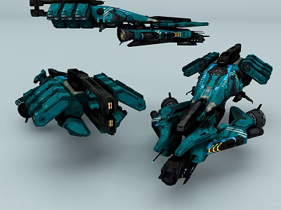 Three Futuristic Teal And Black Mechanical Structures With Robotic Design Details 3d model