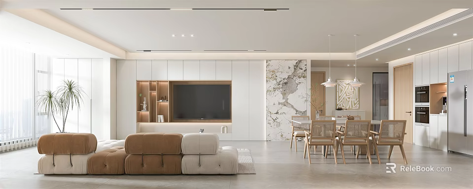 Modern Living and Dining Room Interior Design With Sofa TV Wall and Wooden Dining Chairs 3d model 