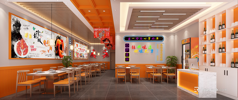 Bright Modern Restaurant Interior With Orange Ceiling Dining Tables And Chairs 3d model 