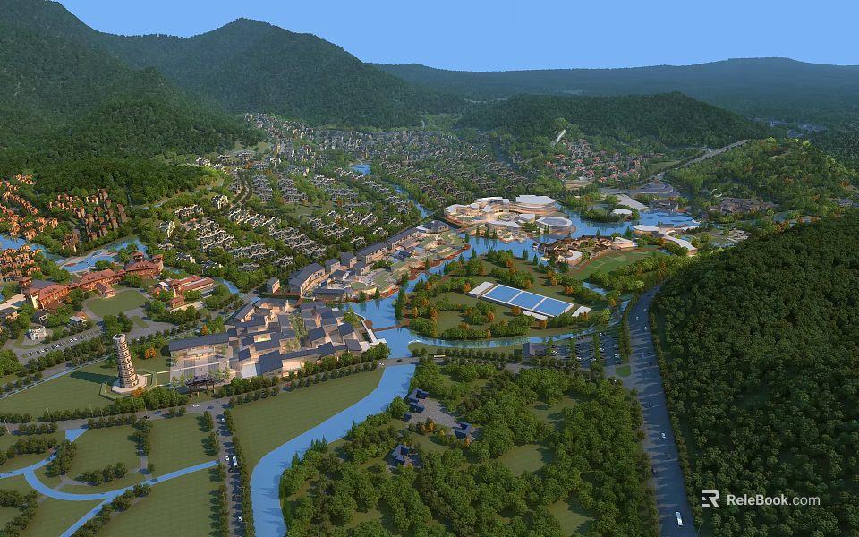 Aerial Planning of Scenic Mountain Riverfront Community with Green Spaces and Buildings 3d model 