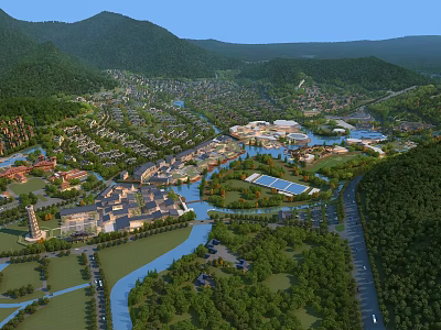 Aerial Planning of Scenic Mountain Riverfront Community with Green Spaces and Buildings 3d model
