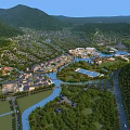 Aerial Planning of Scenic Mountain Riverfront Community with Green Spaces and Buildings